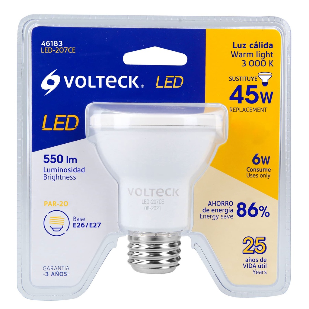 BOMBILLO PAR 20 VOLTECK LED 6W 3000K AC100-240V VOLTECK