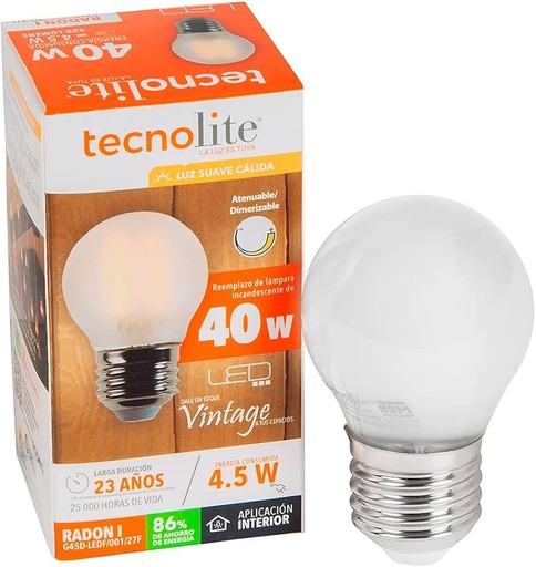 [G45D Ledf/001/27] BOMBILLO LED FILAMENTO CLEAR DIMMABLE G45 4.5W 2700K E27 AC100-130V TECNOLITE
