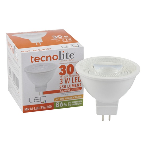 [MR16-LED-3W-30H] DICROICA LED MR16 3W 3000K 250LM AC100-127V TECNOLITE