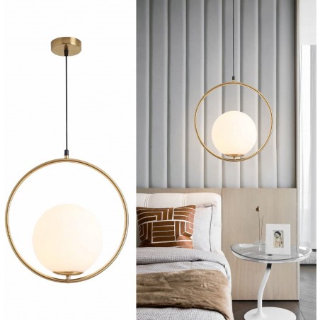[LT-8004] LAMPARA COLGANTE DE TECHO DORADA 1 GLOBO BLANCO CIRCULAR E27 FE
