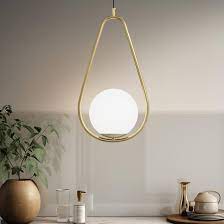 [LT-8005] LAMPARA COLGANTE DE TECHO DORADA 1 GLOBO BLANCO TRIANGULAR E27 FE